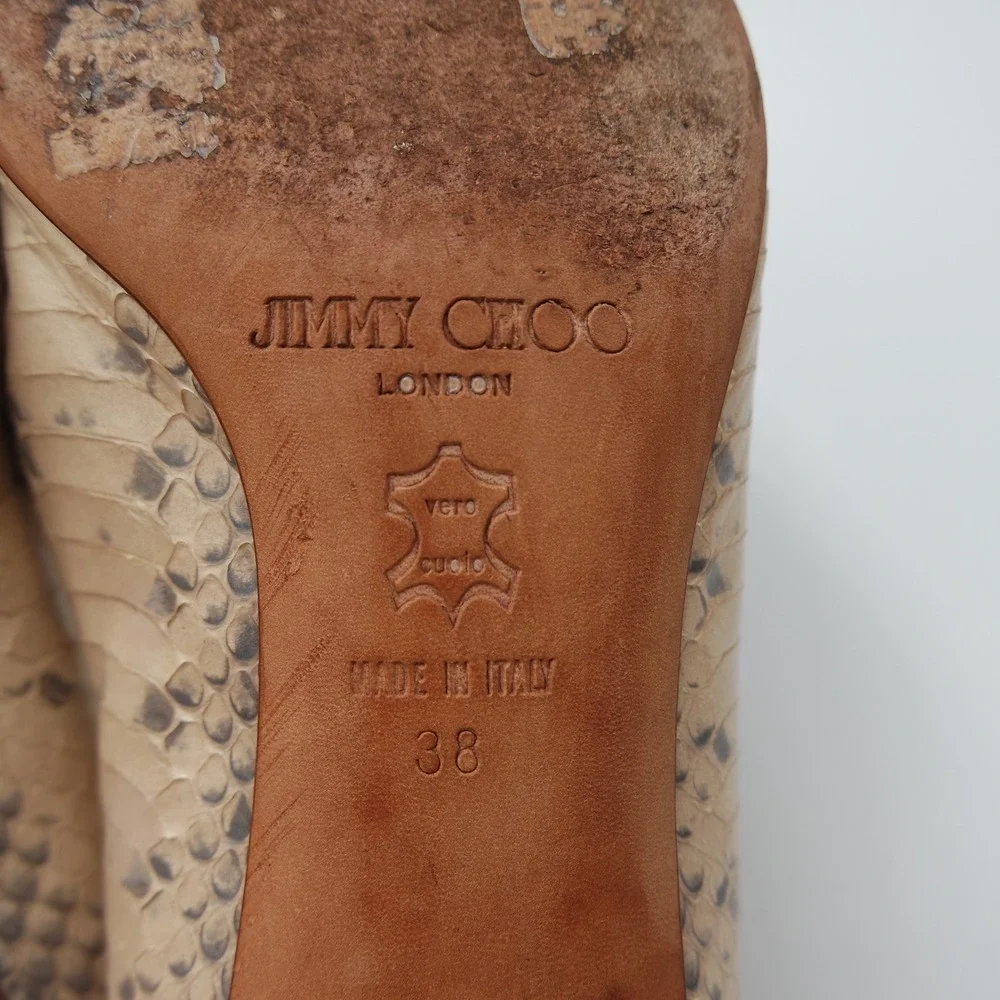 Vintage Jimmy Choo Beige Snakeskin Pointed Toe Kitten Heel Made in Italy Size 38